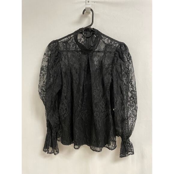 NEW AQUA Puff Sleeve Lace Blouse High Neck Pleated Sheer in Black Women's M - Picture 1 of 8
